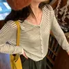 Cárdigan de Punto Rayado Estilo Coreano para Mujer, Nuevo Modelo Otoño Temprano 2026, Corte Holgado, Adelgazante, Versátil Top de Manga Larga para el Trabajo