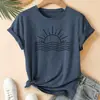 Transfronterizo 180g Estampado Ola de Sol Moda Estilo Retro Verano Casual Deportivo para Mujer Top Cuello Redondo Mangas Cortas