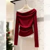 Traje de Ano Novo de Alta Qualidade, Redutor de Idade e Estiloso para o Inverno de 2025: Top Base Patchwork de Renda Vermelho Ombro a Ombro
