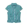 Conjunto de dos piezas para mujer con top de rayas y cuello y pantalones de pierna recta, atuendo retro de estilo callejero abotonado estilo chino, suministro de ropa para mujer transfronteriza