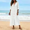 2026 Otoño Transfronterizo Vestido Largo Casual para Mujer de Manga Media con Cuello en V y Botones Frontales para el Trabajo
