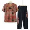 Conjunto de Ropa de Verano para Mujeres de Mediana Edad y Mayores, Elegante Camiseta de Manga Corta para Abuela, Ropa de Verano de Dos Piezas de Corte Holgado para Mamá