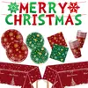 Platos de papel desechables, vasos, pancartas, manteles, decoraciones colgantes con tema navideño de copo de nieve rojo y verde, Feliz Navidad