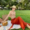 Calça Longa de Chiffon Estilo Férias na Praia, Cintura Alta Emagrecedora, Comprimento até o Chão, Vermelho Tijolo Vintage, Valoriza a Pele
