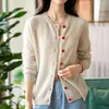 Cardigan Tricotado 100% Caxemira Pura Novo para Outono e Inverno Feminino Jaqueta Suéter de Gola Redonda com Botões de Coração Camisa de Manga Longa que Reduz a Idade