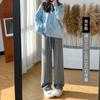 Calça de pernas largas forrada de lã de malha, calça de arroz glutinoso cinza, calça feminina, calça de esfregão de cintura alta, calça casual fina e reta