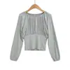 2607-26 Primavera Estilo Coreano Ajustado Estilo Chica Picante Multiusos Plisado Cintura Ceñida Manga Larga Suéter Camiseta Camiseta Base