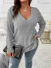 2026 Amazon Otoño e Invierno Nuevo Color Sólido Talla Grande para Mujer Top Cuello en V Manga Larga Camiseta de Canalé Cepillada Suelta Pullover