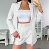 Conjunto de Terno Branco Puro Sem Lapela com Shorts para Mulheres Estilo para Ir ao Trabalho Fluido Solto Emagrecedor Elegante Conjunto de Duas Peças