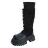 Botas largas de suela gruesa estilo coreano para mujer, colección otoño/invierno 2026, botas de motociclista que realzan la altura, marrones, estilo retro, tacón medio, plataforma impermeable, botas de punta redonda