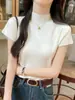 Camiseta de Manga Corta con Cuello Medio para Mujer, Nueva de Primavera y Verano, Ajustada, Suéter de Manga Corta, Camisa de Punto Base con Cuello Medio
