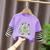 Camiseta de Manga Larga para Niños Ropa de Otoño Capa Base 2026 Nuevo Estilo Top de Retazos Rayado Atractivo Falso Dos Piezas Ropa para Niños
