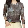 Camiseta base de malla estampada elegante a la moda para mujer, nueva de principios de primavera, adelgazante, manga larga, cuello redondo, top tipo camiseta