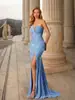 Vestido de noite Amazon comércio exterior um ombro manga longa azul claro lantejoula sem alças sereia fenda alta slim fit