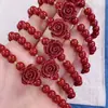 Rosa Natural Cinábrio com Pulseira de Contas Roxo Areia Dourada Joia Joker Pulseira Anel Colar Flor