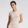 Camiseta Casual Fitness Esportiva de Manga Curta com Gola Redonda Sem Costura Transfronteiriça Slim Fit Justa Roupa de Yoga para Mulheres