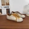 Zapatillas Deportivas Retro con Estrellas Desgastadas para Mujer, Aumentadoras de Altura, Cordones de Colores Bloqueados, Puntera Redonda, Ligeramente Sucias