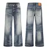 Jeans American Retro Lavados con Rayas de Tigre Micro-Acampanados para Hombre Lavado Degradado de Copos de Nieve Pierna Ancha Nostálgica de Longitud Completa Tendencia Denim