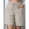 Pantalones cortos casuales de lino holgados de nuevo estilo para verano, transfronterizos europeos y americanos, con bolsillos, color liso, talla grande, de pierna ancha y cintura alta para mujer