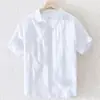 Camisa de linho de verão homens manga curta fina solta respirável linho de algodão branco meia manga casual cor sólida camisa masculina cs