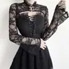 Halloween Gótico Estilo Escuro Manga Longa Top Curto Novo Versátil Sexy Renda Alças Sino Manga Blusa para Mulheres