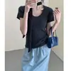 Nuevo top de punto casual estilo coreano para mujer, de seda y lana, cuello en U, manga corta, corte ajustado, color liso, versátil para el verano