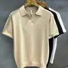 Camisa Polo de Malha Ice Silk Khaki com Recortes Estilo Maduro, Decote em V Pequeno, Manga Curta para Homens, Roupas Masculinas de Verão com Gola Reversível