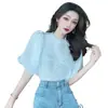 Elegante Top de Encaje con Mangas Abullonadas Cortas para Mujer, Nuevo Diseño Verano 2026, Camisa Única de Gasa con Perlas