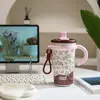 Copo térmico com estampa de leopardo, aço inoxidável 316, copo estiloso com canudo e alça, grande capacidade, copo de café portátil para mulheres
