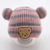 Ins Otoño e Invierno Estilo Coreano Sombreros Tejidos para Niños y Niñas Sombrero de Lana con Cabeza de Oso a Rayas para Bebé Sombrero Cálido Tipo Melón con Borde Enrollado