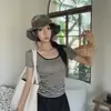 Camiseta de rayas de manga larga off-shoulder para mujer, verano 2026, corte ajustado, top corto único y bonito