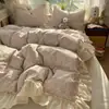 Juego de cuatro piezas de encaje 100% algodón estilo princesa francesa cepillado engrosado, Juego de funda de edredón de tres piezas de algodón puro con volantes estilo coreano