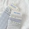 Calcetines para Mujer para Primavera y Verano, Estilo Sal Marina Azul, Diseño de Volante de Encaje, Puño Suelto, Longitud Media Pantorrilla, Calcetines de Algodón Estilo Minimalista Coreano
