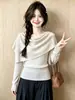 Suéter de punto de manga larga con cuello alto gris oscuro estilo francés + chal conjunto de dos piezas para mujer otoño nuevo