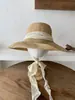 Sombrero de paja japonés UV~ Estilo vacacional cinta ala ancha protección solar mujer verano paja tejida parasol anti-UV sombrero de pescador