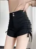 Shorts negros para mujer, nueva colección de primavera, diseño moderno con cordón y detalles fruncidos, pantalones casuales de pierna ancha bootcut