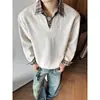 Sudadera con Patrón de Espiga de Trigo Texturizada, Falso Dos Piezas, Patchwork de Cuadros, para Hombre, Otoño, Holgada, Casual, Cuello Solapa, Jacquard, Jersey