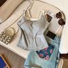 Conjunto de Dos Piezas de Moda: Camisola Calada con Lazo y Copas Fijas con Top Base de Color Contrastante para Mujer