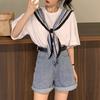 Transfronterizo Falso de Dos Piezas Manga Corta para Mujer Sentido del Diseño Estilo Coreano Manga Media Chal Camiseta Blanca Verano Top Dulce para el Cabello