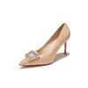 9169B-231 Fivela Quadrada com Strass Salto Alto Feminino Bico Fino Salto Agulha Sapatos Pump de Couro Envernizado para Trabalho e Eventos