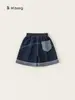 Frete Grátis Roupas Infantis Verão Azul Escuro Shorts para Meninas Modelagem Justa Versátil Shorts Curtos Casuais Infantis Barra Dobrada Jeans para Crianças Grandes