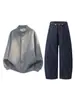 Conjunto Relajado Otoño/Invierno Han Lu Textura Lana Cuadros Abrigo Retro Color Original Silueta Jeans Conjunto de Dos Piezas