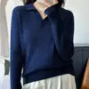 Outono e Inverno Algodão Puro Estilo Coreano Gola Pequena Torcido Suéter Feminino Camisa de Base Tricô Versátil Gola Polo Decote V Tricô