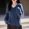 Suéter Casual de Lã Longa, Fleece e Cashmere com Toque Macio, Gola V, Suéter de Tricô de Outono-Inverno de Alta Qualidade para Mulheres