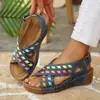 Sandalias bohemias de verano nuevas de tacón alto con punta abierta, comercio exterior europeo y americano, talla grande transfronteriza, con correa de velcro y tacón de cuña grueso