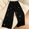 Outono de 2026 High Street Americana Retrô Bordado de Cachorro Cintura Alta Perna Larga Valorizador Solto Plus Size Jeans Calças Longas Femininas