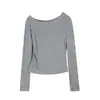 Camiseta de Manga Larga Asimétrica Hombro Descubierto de Tencel y Lana para Mujer, Nuevo Estilo Otoño 2026, Top Básico de Corte Relajado