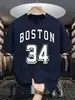 Boston 34 Estampa de Letras Artísticas Camiseta Vintage Masculina Casual Solta Moda Algodão Verão Unissex