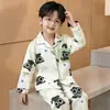 Pijama de seda gelada para meninos, manga longa longa de verão, cardigã com lapela de desenho animado, fino, fofo, solto, roupa de casa, pode ser usado fora