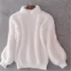 Primavera, Otoño e Invierno 2026 Nuevo Suéter de Punto Holgado de Color Sólido con Cuello Semi-Alto y Mangas de Linterna Estilo Coreano de Piel Sintética de Visón para Mujer